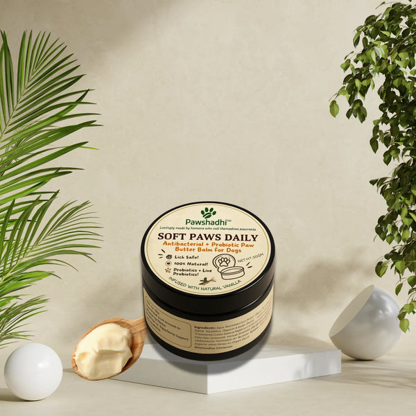 Jar of Pawshadhi Soft Paws Daily balm with a scoop of balm on a neutral background with plants.