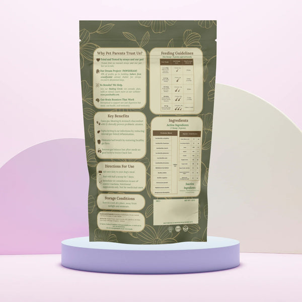 Product packaging with detailed information on a purple platform against a light pink background