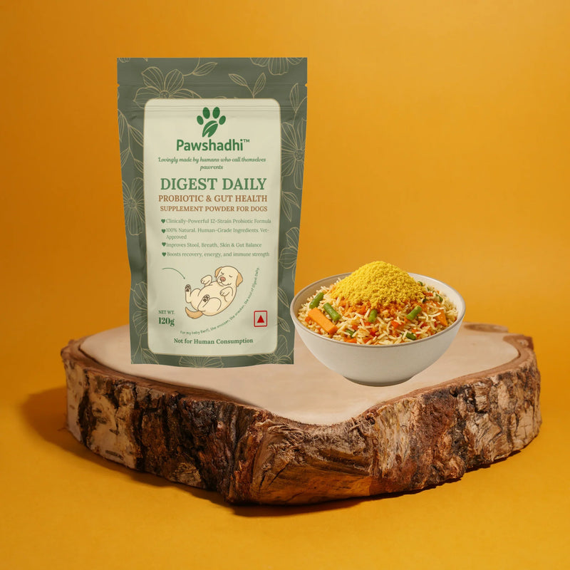 Pawshadhi Digest Daily supplement package with a bowl of food on a wooden platform against an orange background